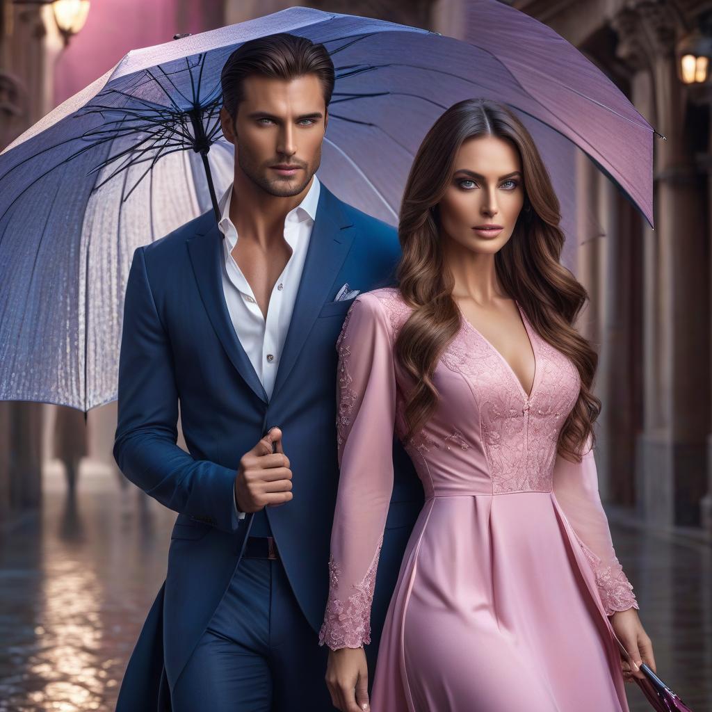  A young beautiful woman with an umbrella, in a modest pink dress, long hair, a sharp focus, bright hazel eyes, WITHOUT MAKEUP, WITHOUT COSMETICS, next to her walks a handsome young man, finely detailed, bright alive eyes, a beautiful portrait illustration, a portrait in the style of fantasy, blue and pink flashes, related to hyperrealistic, full body, detailed clothing, highly detailed, cinematic lighting, stunningly beautiful, intricate, sharp focus, f/1. 8, 85mm, (centered image composition), (professionally color graded), ((bright soft diffused light)), volumetric fog, trending on instagram, trending on tumblr, HDR 4K, 8K