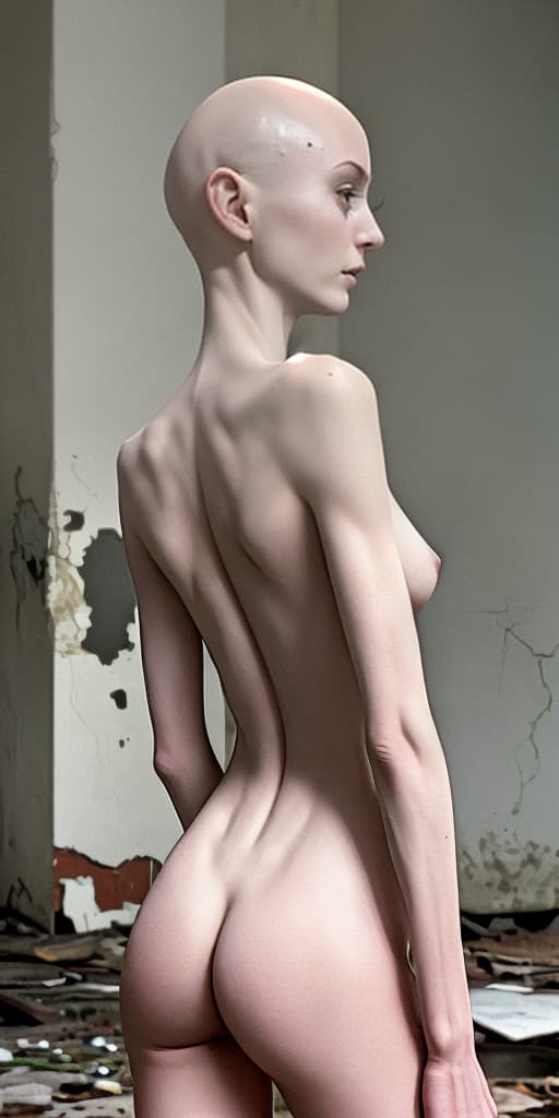  bald-girl, very thin, naked, with her back, in an abandoned place