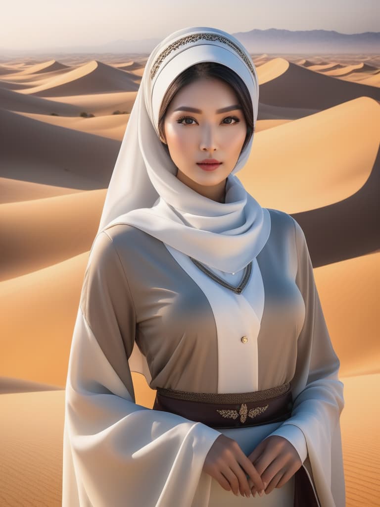  Half body portrait,Young Asian Man wear casual short sleeve t shirt , tie a solid white casual Headscarf standing in desert hyperrealistic, full body, detailed clothing, highly detailed, cinematic lighting, stunningly beautiful, intricate, sharp focus, f/1. 8, 85mm, (centered image composition), (professionally color graded), ((bright soft diffused light)), volumetric fog, trending on instagram, trending on tumblr, HDR 4K, 8K