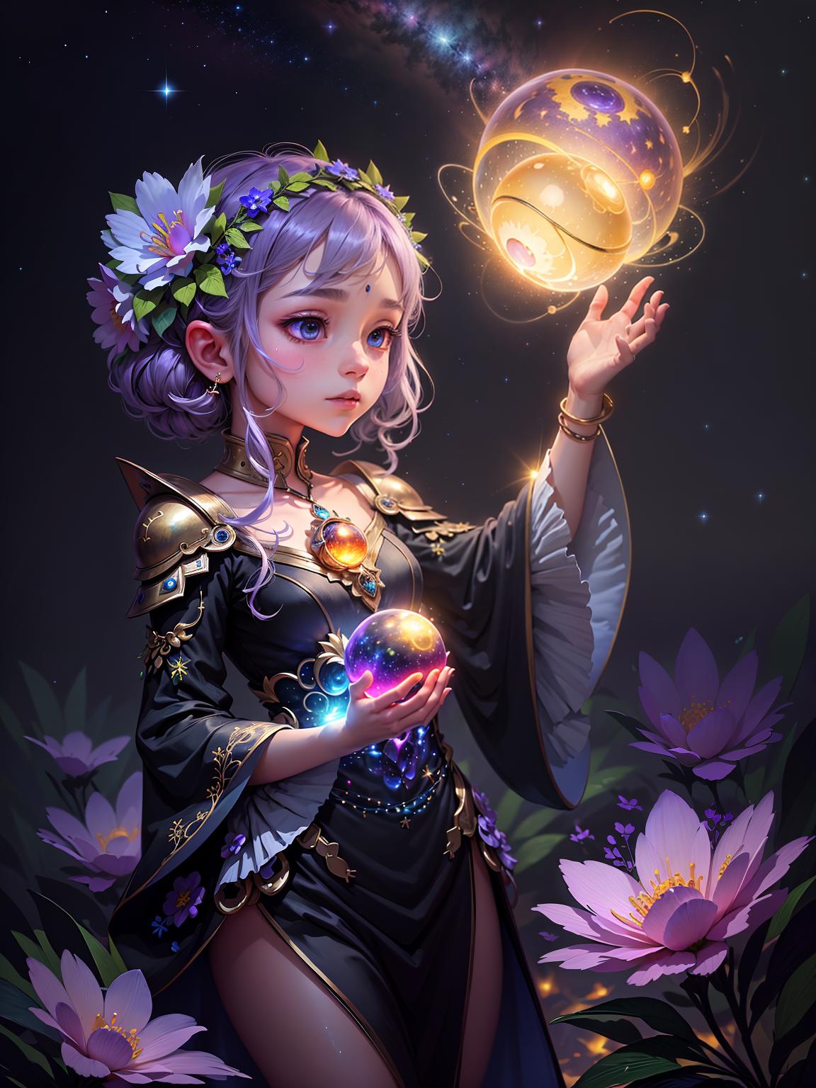  master piece, best quality, ultra detailed, highres, 4k.8k, An extraterrestrial being with a vibrant personality., Observing the stars while holding a cosmic flower., Inquisitive and filled with wonder., BREAK A peculiar encounter in a galactic garden., A lush, otherworldly garden with bioluminescent flora., Cosmic flower, floating crystals, and a glowing orb., BREAK Serene and ethereal, with a hint of cosmic mystery., Soft glowing light and twinkling stars casting a magical aura., fun00d