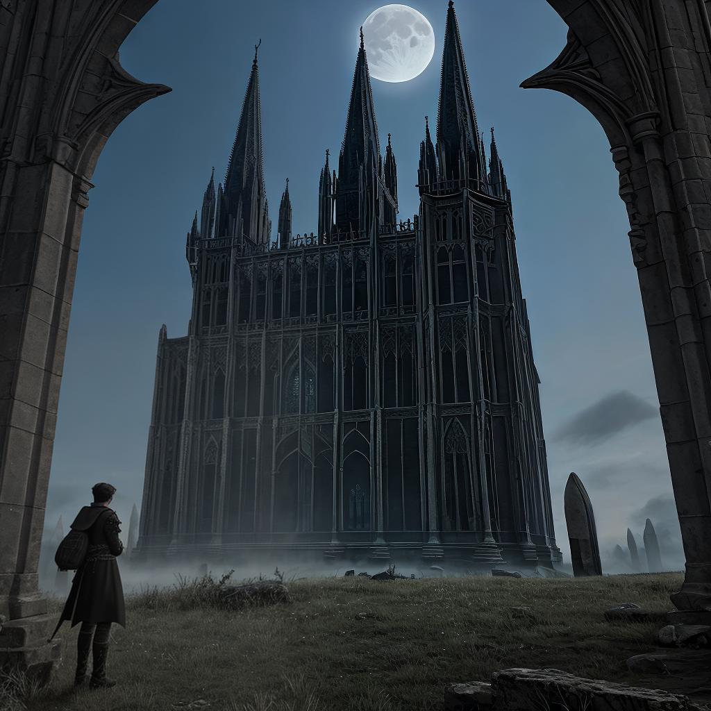  in a gothic aesthetic, Ethereal spires pierce the moonlit sky, as ancient arches weave tales of forgotten realms in a Gothic tapestry.