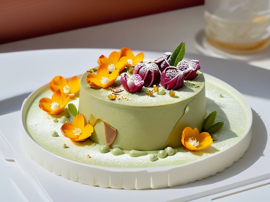  An ultradetailed, 8k resolution image of a sleek, modern dessert plate featuring a fusion dessert that combines elements from various culinary traditions, such as a matcha tiramisu topped with edible flowers, gold leaf accents, and a delicate swirl of caramel sauce. The plate is set on a minimalist, white background to enhance the visual impact of the intricate dessert presentation. The lighting is soft and elegant, showcasing the fine details of the dessert and inviting viewers to appreciate the artistry and innovation of fusion pastry creations. hyperrealistic, full body, detailed clothing, highly detailed, cinematic lighting, stunningly beautiful, intricate, sharp focus, f/1. 8, 85mm, (centered image composition), (professionally color graded), ((bright soft diffused light)), volumetric fog, trending on instagram, trending on tumblr, HDR 4K, 8K