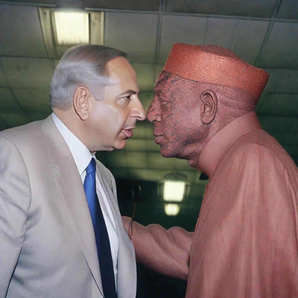  A kiss between Binyamin Netanyahu and Ismail Haniwa, full colour, as if taken by camera with flashlight, realism, analogue realism, photorealism