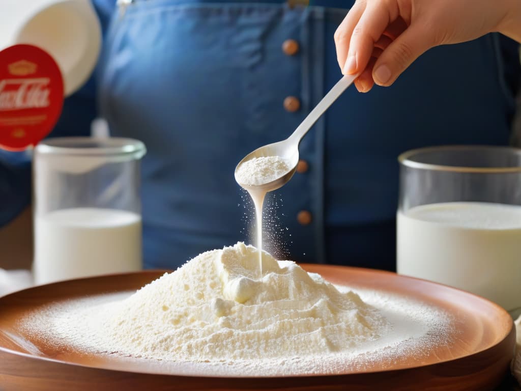  A closeup, ultradetailed image of a hand holding a measuring spoon, perfectly level with a precise amount of flour being poured into it. The flour is cascading gently into the spoon, capturing the moment of accurate measurement in action. The background is a soft, blurred kitchen setting, emphasizing the focus on the meticulous process of measuring ingredients in baking. hyperrealistic, full body, detailed clothing, highly detailed, cinematic lighting, stunningly beautiful, intricate, sharp focus, f/1. 8, 85mm, (centered image composition), (professionally color graded), ((bright soft diffused light)), volumetric fog, trending on instagram, trending on tumblr, HDR 4K, 8K