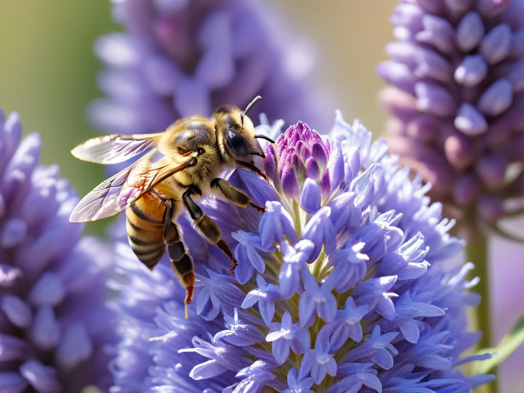  A closeup, ultradetailed image of a single golden honeybee perched delicately on a vibrant purple lavender flower, with each tiny hair on its fuzzy body and delicate wings sharply in focus. The sunlight catches the iridescent wings, casting a subtle rainbow sheen, while the intricate details of the flower's delicate petals are visible, showcasing the fine veins and velvety texture. The background is blurred, creating a dreamy, ethereal effect that highlights the natural beauty and grace of the bee as it collects pollen. hyperrealistic, full body, detailed clothing, highly detailed, cinematic lighting, stunningly beautiful, intricate, sharp focus, f/1. 8, 85mm, (centered image composition), (professionally color graded), ((bright soft diffused light)), volumetric fog, trending on instagram, trending on tumblr, HDR 4K, 8K