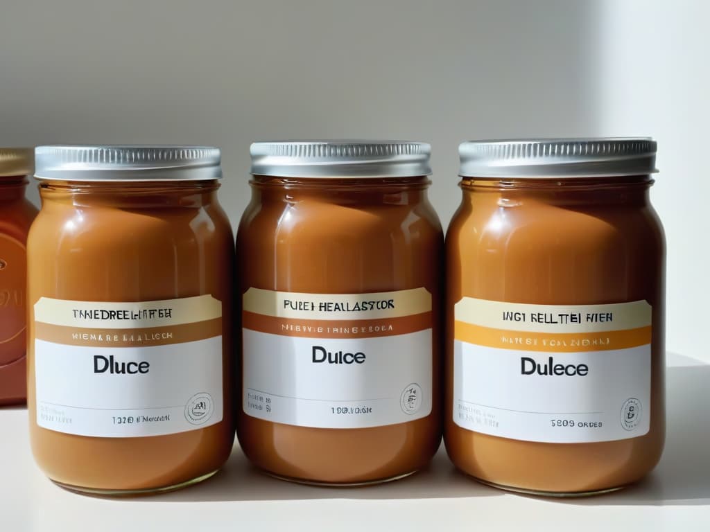  An ultradetailed image of two jars side by side, one filled with traditional dulce de leche and the other with a healthier version, showcasing the differences in texture and color. The jars are placed on a sleek, modern kitchen counter with soft natural lighting coming through a window, highlighting the contrast between the classic and healthy sweet treats. The labels on the jars are elegant and clean, adding to the minimalistic feel of the image. hyperrealistic, full body, detailed clothing, highly detailed, cinematic lighting, stunningly beautiful, intricate, sharp focus, f/1. 8, 85mm, (centered image composition), (professionally color graded), ((bright soft diffused light)), volumetric fog, trending on instagram, trending on tumblr, HDR 4K, 8K