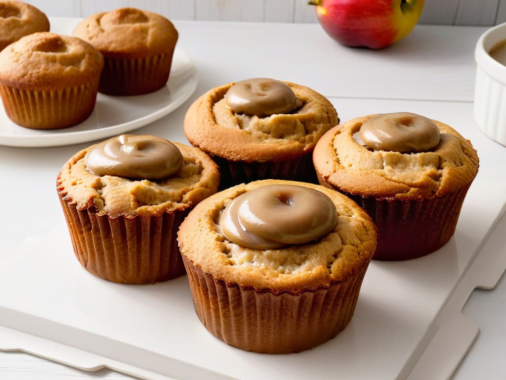  A closeup, ultradetailed image of freshly baked apple cinnamon muffins with a dollop of homemade applesauce on top, showcasing the moist texture and goldenbrown crust of the muffins, set against a simple, elegant white backdrop. hyperrealistic, full body, detailed clothing, highly detailed, cinematic lighting, stunningly beautiful, intricate, sharp focus, f/1. 8, 85mm, (centered image composition), (professionally color graded), ((bright soft diffused light)), volumetric fog, trending on instagram, trending on tumblr, HDR 4K, 8K