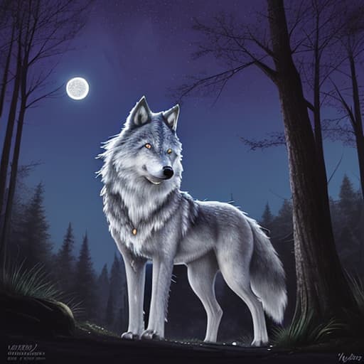  bosque nocturno con luna llena y wolf