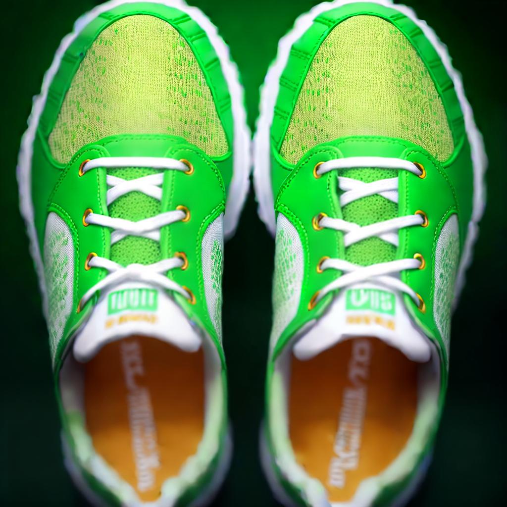  Women's sneakers, green color, beautiful girl, BUFU inscription ,highly detailed, cinematic lighting, stunningly beautiful, intricate, sharp focus, f1. 8, 85mm, (centered image composition), (professionally color graded), ((bright soft diffused light)), volumetric fog, trending on instagram, trending on tumblr, HDR 4K, 8K