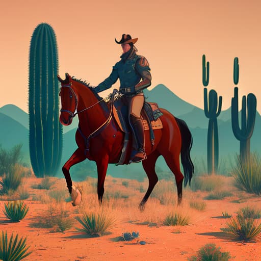  Photo of a guy in jeans and boots on a horse in the desert against a background of cacti, Vector art, Vivid colors, Clean lines, Sharp edges, Minimalist, Precise geometry, Simplistic, Smooth curves, Bold outlines, Crisp shapes, Flat colors, Illustration art piece, High contrast shadows, Technical illustration, Graphic design, Vector graphics, High contrast, Precision artwork, Linear compositions, Scalable artwork, Digital art hyperrealistic, full body, detailed clothing, highly detailed, cinematic lighting, stunningly beautiful, intricate, sharp focus, f/1. 8, 85mm, (centered image composition), (professionally color graded), ((bright soft diffused light)), volumetric fog, trending on instagram, trending on tumblr, HDR 4K, 8K