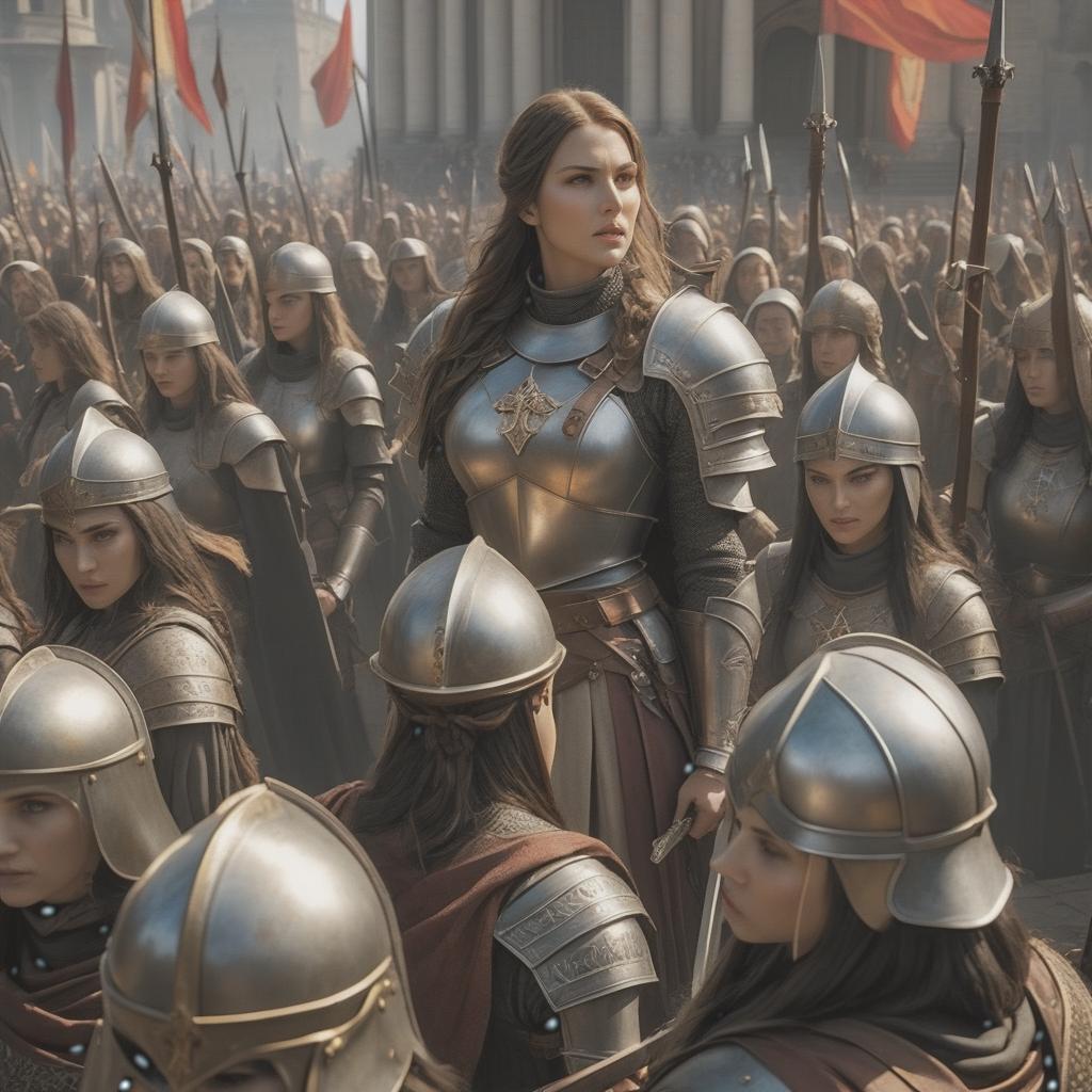  Large church square. At the square, a large number of girl warriors, armed with swords, wearing leather armor, are standing. Also among them are ordinary nuns. They all shout and celebrate the victory. Piles of banners and banners with crosses can be seen everywhere. hyperrealistic, full body, detailed clothing, highly detailed, cinematic lighting, stunningly beautiful, intricate, sharp focus, f/1. 8, 85mm, (centered image composition), (professionally color graded), ((bright soft diffused light)), volumetric fog, trending on instagram, trending on tumblr, HDR 4K, 8K