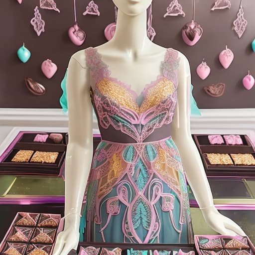  Beautiful Alica Schmidt (transparent lace multi colored pastel dress holding an open box of fine dark chocolates)(pink cheeks)(shadow lighting)(Superrealism)(Foreground: open box of fine dark chocolates on a small serving table)(Background artdeco mansion)(gold scrollwork)(delicate hands and fingers)