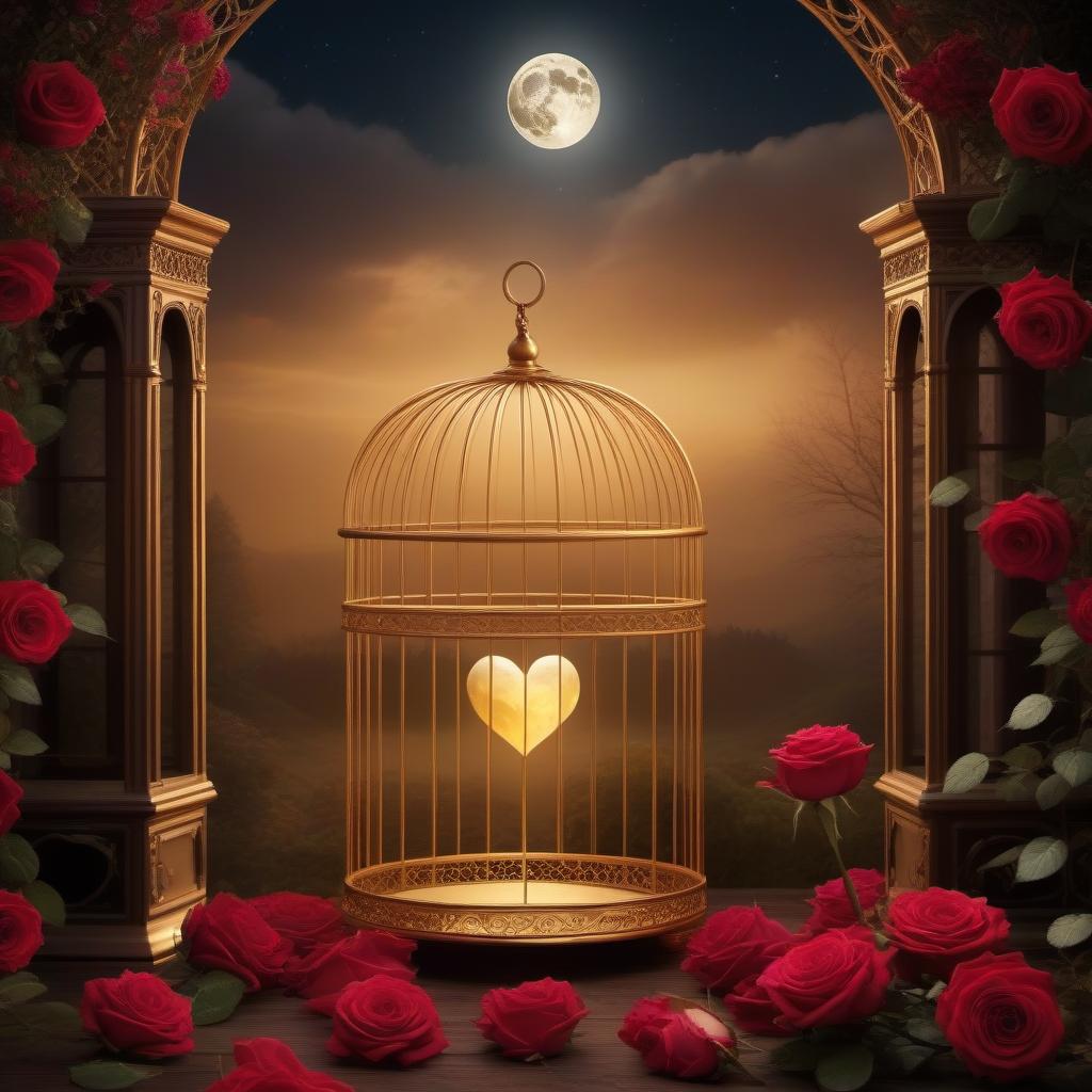  The heart in a golden cage, a rose, full moon, a picturesque landscape, mysterious light, a sense of mystery