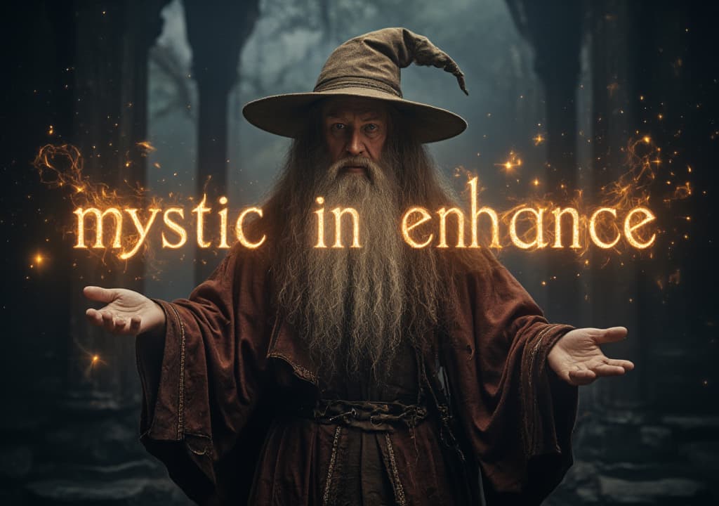  good quality, high quality, an ancient wizard, with a tall hat and a long, flowing beard, conjures a spell as the word 'mystic in enhanceai' appears behind him in radiant, magical letters. the scene is set in a medieval fantasy realm, depicted in a photorealistic style with intricate details on the wizard's robes and a mystical glow enveloping the spell