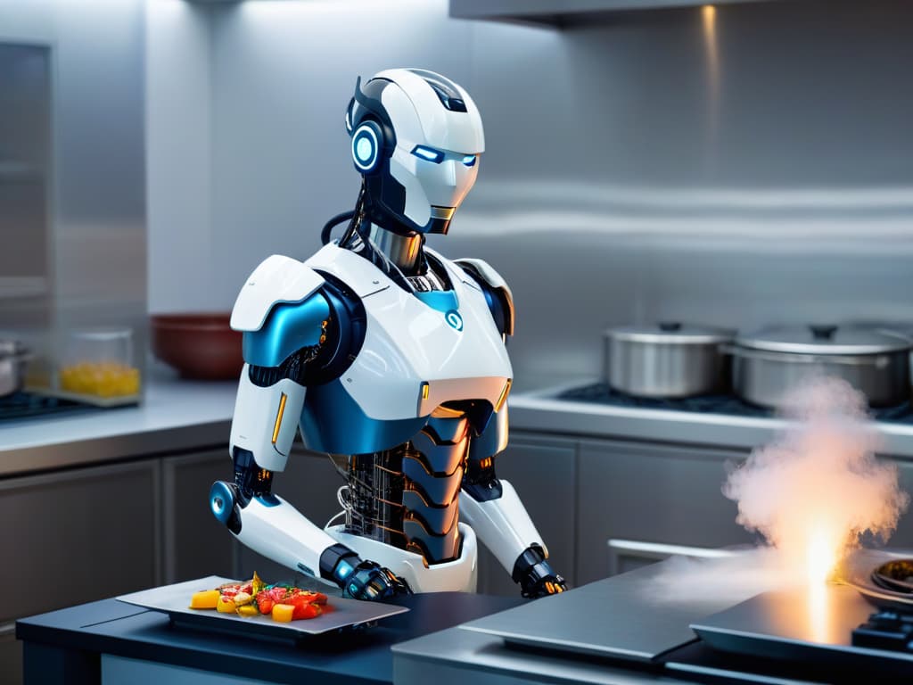  An ultradetailed closeup image of a sleek, modern robot de cocina specifically designed for repostería premium, showcasing intricate stainless steel components with a soft, ambient lighting that highlights its advanced features and elegant design. hyperrealistic, full body, detailed clothing, highly detailed, cinematic lighting, stunningly beautiful, intricate, sharp focus, f/1. 8, 85mm, (centered image composition), (professionally color graded), ((bright soft diffused light)), volumetric fog, trending on instagram, trending on tumblr, HDR 4K, 8K