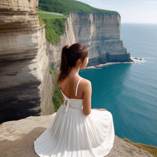  The back of a woman in the distance in a pretty dress sitting on a cliffside with beautiful view in front of her