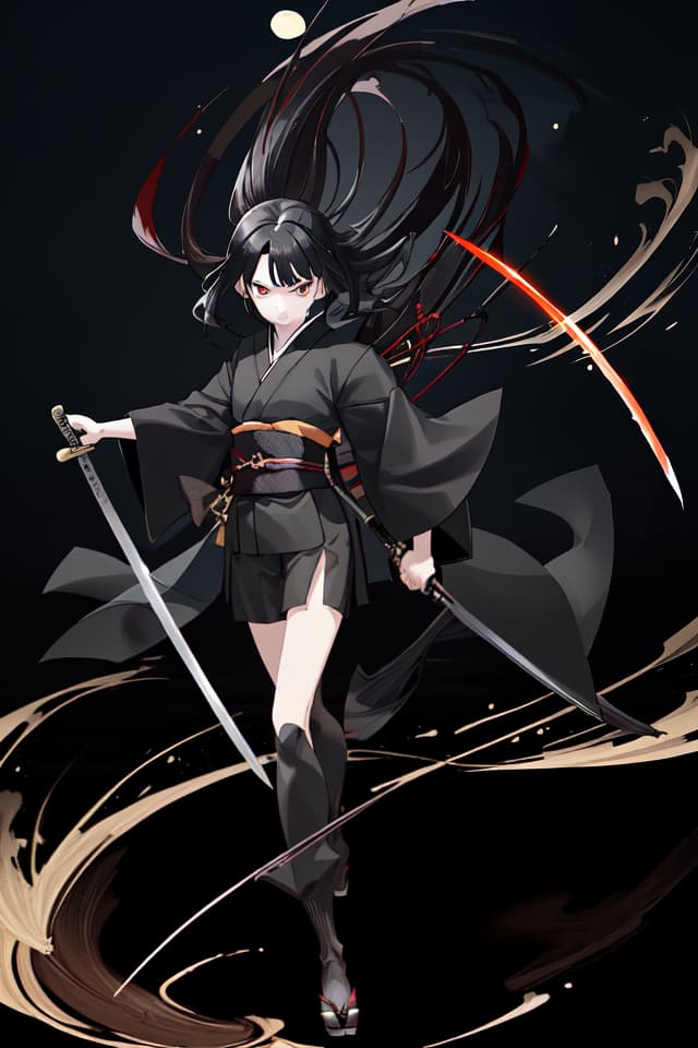  One, one , black kimono, black hair, black eyes, Japanese swords, long swords, hips, hold a sword, night, moon, serious expression, cooling face , Glowing eyes, small s, slender, imminent, running, cutting, riding, sprinting, stepping in, dust, wind, slashing