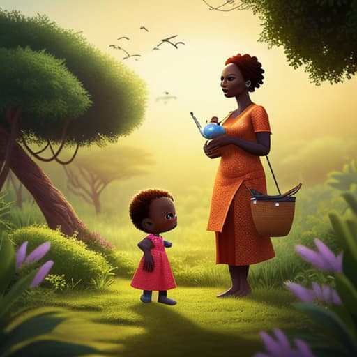  African mother and baby out the house hyperrealistic, full body, detailed clothing, highly detailed, cinematic lighting, stunningly beautiful, intricate, sharp focus, f/1. 8, 85mm, (centered image composition), (professionally color graded), ((bright soft diffused light)), volumetric fog, trending on instagram, trending on tumblr, HDR 4K, 8K