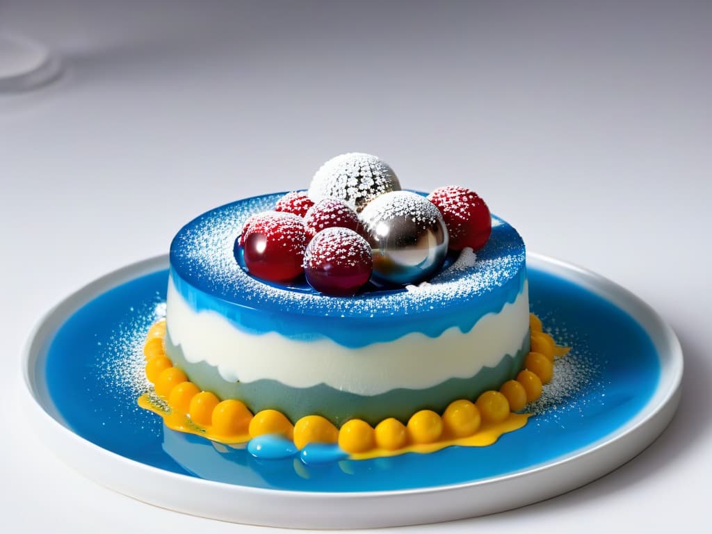  A closeup, ultradetailed image of a perfectly constructed dessert in layers using molecular gastronomy techniques. The dessert consists of transparent spheres filled with vibrant colored liquids, delicate foams floating on top, and thin, precise layers of different textures stacked elegantly on a sleek, modern plate. The play of light on the dessert highlights the intricate details of each layer, showcasing the precision and artistry of molecular pastry techniques. hyperrealistic, full body, detailed clothing, highly detailed, cinematic lighting, stunningly beautiful, intricate, sharp focus, f/1. 8, 85mm, (centered image composition), (professionally color graded), ((bright soft diffused light)), volumetric fog, trending on instagram, trending on tumblr, HDR 4K, 8K