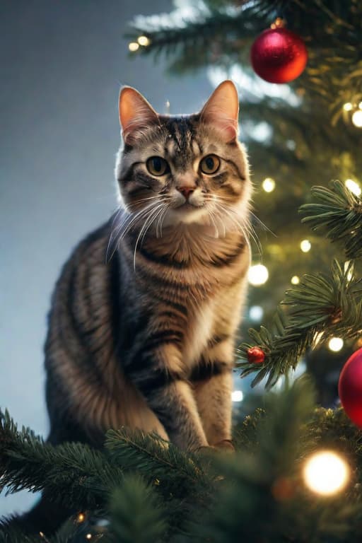  the cat caught on a christmas tree, cinematic, cute, hyper detail, full HD hyperrealistic, full body, detailed clothing, highly detailed, cinematic lighting, stunningly beautiful, intricate, sharp focus, f/1. 8, 85mm, (centered image composition), (professionally color graded), ((bright soft diffused light)), volumetric fog, trending on instagram, trending on tumblr, HDR 4K, 8K
