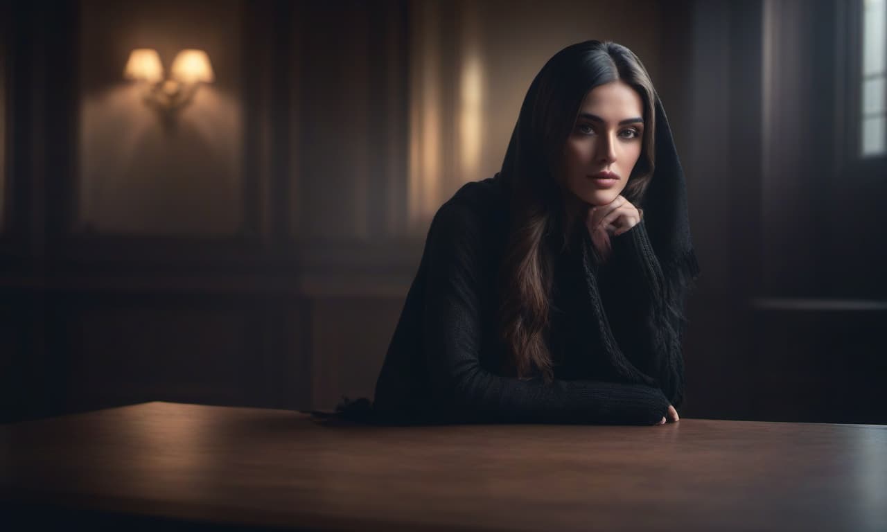  A long haired girl with a black scarf over her eyes sits in the corner of the room. hyperrealistic, full body, detailed clothing, highly detailed, cinematic lighting, stunningly beautiful, intricate, sharp focus, f/1. 8, 85mm, (centered image composition), (professionally color graded), ((bright soft diffused light)), volumetric fog, trending on instagram, trending on tumblr, HDR 4K, 8K