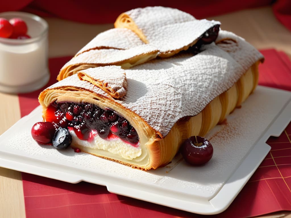  An ultradetailed closeup image of a perfectly baked cherry strudel, showcasing the flaky layers of pastry glistening in the light, filled with juicy, vibrant red cherries oozing with sweetness, dusted lightly with powdered sugar for an elegant touch. The minimalistic composition focuses solely on the strudel, capturing its texture, color, and inviting appeal in the highest resolution possible. hyperrealistic, full body, detailed clothing, highly detailed, cinematic lighting, stunningly beautiful, intricate, sharp focus, f/1. 8, 85mm, (centered image composition), (professionally color graded), ((bright soft diffused light)), volumetric fog, trending on instagram, trending on tumblr, HDR 4K, 8K