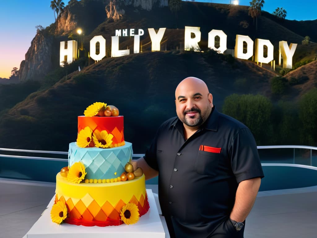  An ultradetailed image of Duff Goldman standing in front of a towering Hollywood sign made entirely of elaborate, colorful cakes. The sun is setting in the background, casting a warm glow over the scene, showcasing the intricate details and vibrant colors of the edible masterpiece. Goldman, with a look of pride and determination, is holding a piping bag and wearing a chef's coat adorned with various baking tools. The image captures the essence of his rebellious spirit and creative mastery in the world of pastry arts, symbolizing his journey to success in Hollywood through his innovative approach to baking. hyperrealistic, full body, detailed clothing, highly detailed, cinematic lighting, stunningly beautiful, intricate, sharp focus, f/1. 8, 85mm, (centered image composition), (professionally color graded), ((bright soft diffused light)), volumetric fog, trending on instagram, trending on tumblr, HDR 4K, 8K