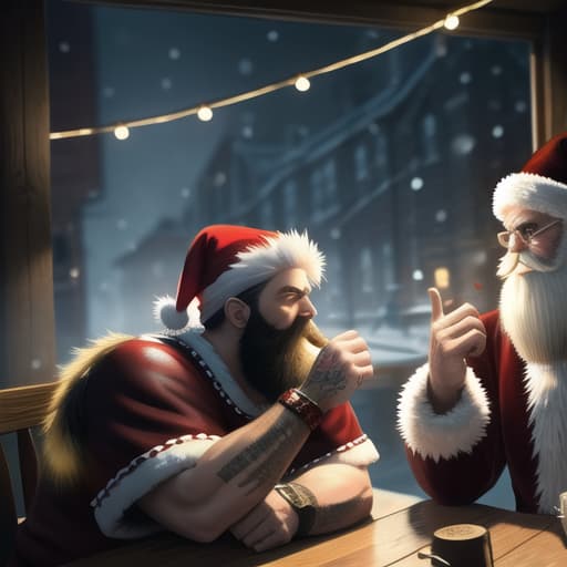  the legendary and infamous bearded KRAMPUS is seen facing towards a famously fashionable SANTA CLAUSE, both are gripping each others hand as they arm wrestle on a table with visible muscular arms, KRAMPUS has visible tattoos and Santa Clause has visible tattoos in an unreal engine 5 theme with ultra photorealistic effects, highly detailed, 8k sharp focus quality surroundings, with the background of a smeared holiday graffiti abandoned bakery building and white minimal foggy smokeOh now you calling cops on me? Cool I told then right where to find you any time, Krampus holds a snow globe in his hand, in which a family with a Christmas tree can be seen, photorealism, dynamic lights, high detailed, Greg Rutkowski, epic, spooky, glow, shiny, ""A