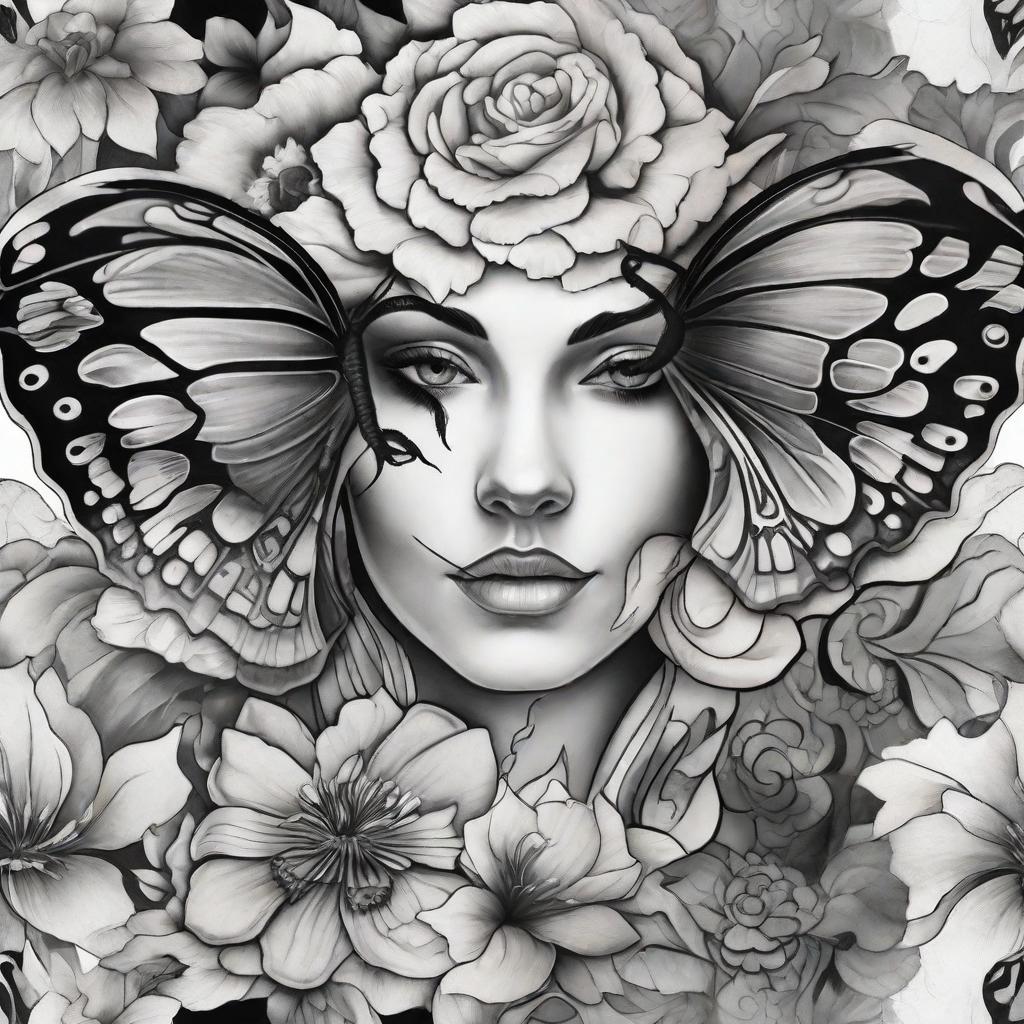  masterpiece, best quality, An artistic representation of a black and white tattoo featuring flowers and a butterfly. The tattoo design is larger in scale, covering the entire back of a person. The environment is an ethereal dreamscape, with wisps of clouds floating in a vast sky. The mood is mystical and enchanting, evoking a sense of otherworldly beauty and freedom. The style is a digital painting, with soft brush strokes and fine details that bring the tattoo to life. The lighting is dramatic, with a mix of warm and cool tones casting dynamic shadows and highlights. Rendered using a digital painting software, with a focus on creating a surreal and fantastical atmosphere.