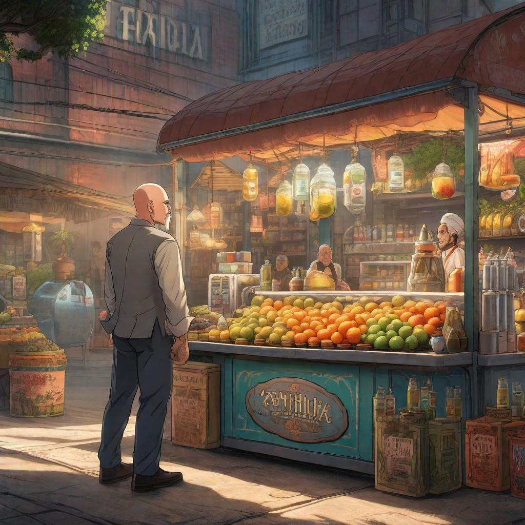  A bare chested bald man with tattoos next to a juice vendor., anime concept art by Hayao Miyazaki, featured on pixiv, fantasy art, concept art, official art, high detailed hyperrealistic, full body, detailed clothing, highly detailed, cinematic lighting, stunningly beautiful, intricate, sharp focus, f/1. 8, 85mm, (centered image composition), (professionally color graded), ((bright soft diffused light)), volumetric fog, trending on instagram, trending on tumblr, HDR 4K, 8K