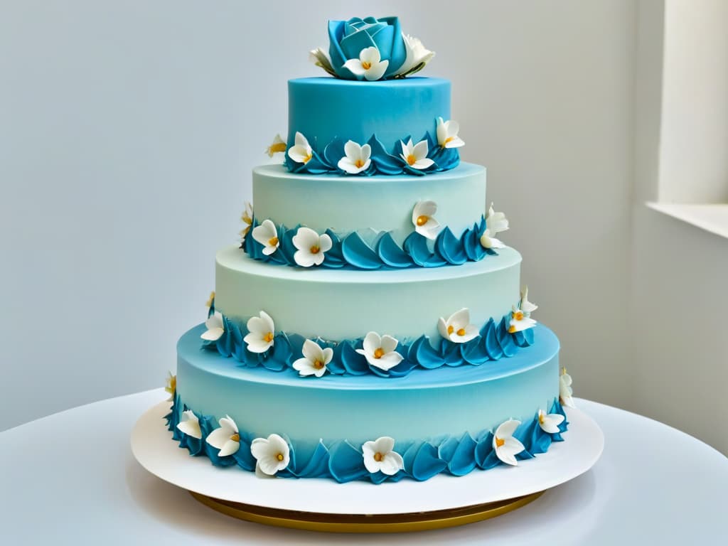  An ultradetailed, highresolution image of a tiered cake decorated with intricate sugar flowers, delicate piping work, and shimmering gold accents. The cake sits on a sleek, modern cake stand against a plain white background, showcasing the meticulous craftsmanship and artistry involved in professional pastry competitions. hyperrealistic, full body, detailed clothing, highly detailed, cinematic lighting, stunningly beautiful, intricate, sharp focus, f/1. 8, 85mm, (centered image composition), (professionally color graded), ((bright soft diffused light)), volumetric fog, trending on instagram, trending on tumblr, HDR 4K, 8K