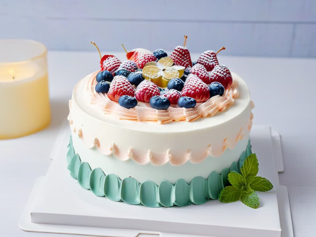  A closeup, highresolution image of a beautifully decorated sugarfree diabetic cake. The cake is elegantly crafted with intricate piping details in pastel colors, adorned with fresh berries and mint leaves on top. The background is a soft focus, showcasing the cake as the focal point with a minimalist and modern aesthetic. hyperrealistic, full body, detailed clothing, highly detailed, cinematic lighting, stunningly beautiful, intricate, sharp focus, f/1. 8, 85mm, (centered image composition), (professionally color graded), ((bright soft diffused light)), volumetric fog, trending on instagram, trending on tumblr, HDR 4K, 8K