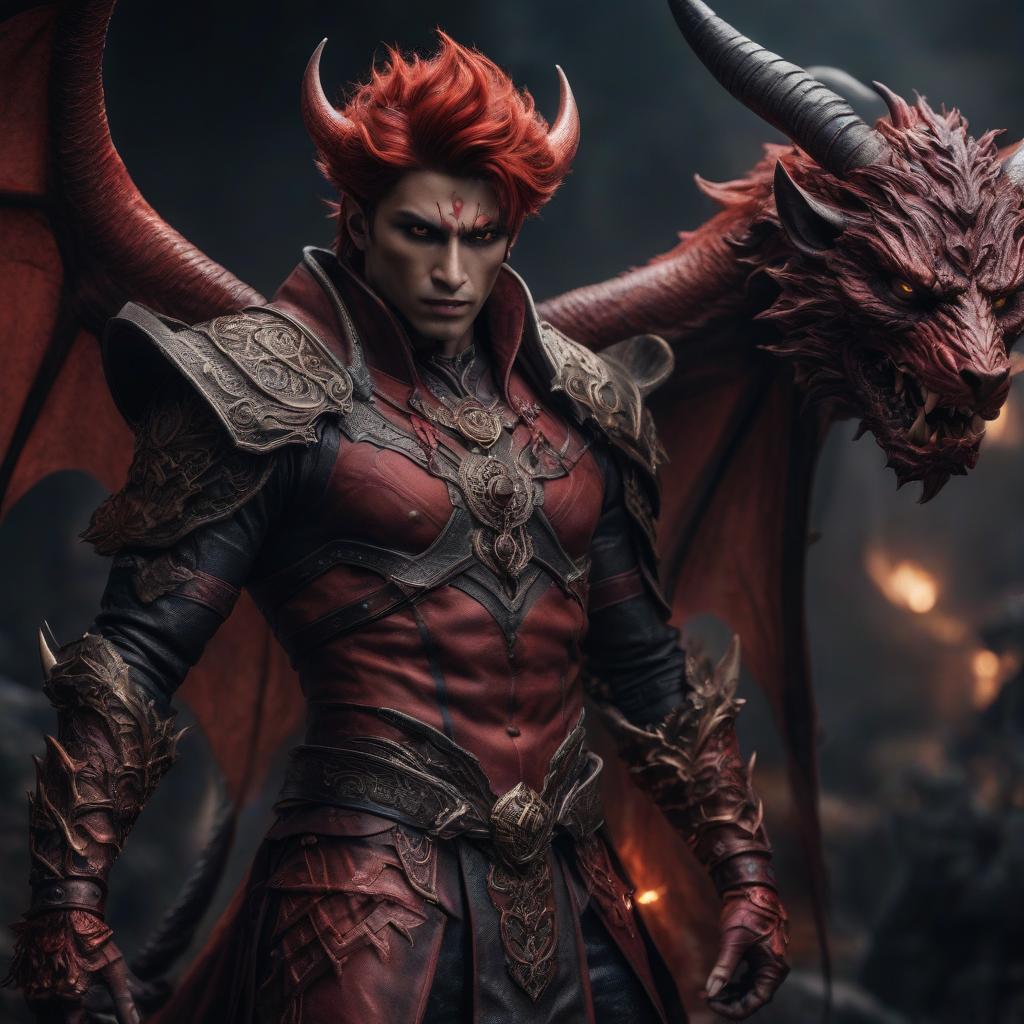  A demon boy with reddish skin and a tail. <! bm 99DSZY > hyperrealistic, full body, detailed clothing, highly detailed, cinematic lighting, stunningly beautiful, intricate, sharp focus, f/1. 8, 85mm, (centered image composition), (professionally color graded), ((bright soft diffused light)), volumetric fog, trending on instagram, trending on tumblr, HDR 4K, 8K