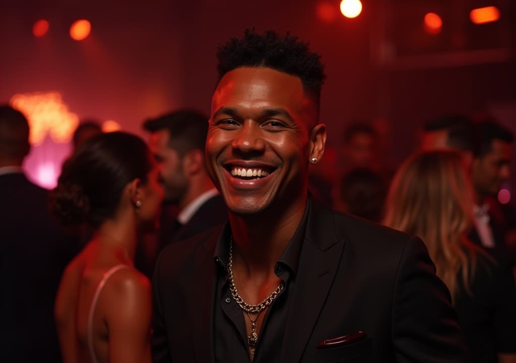  good quality, high quality, chris brown smiling charismatically at a cocktail party