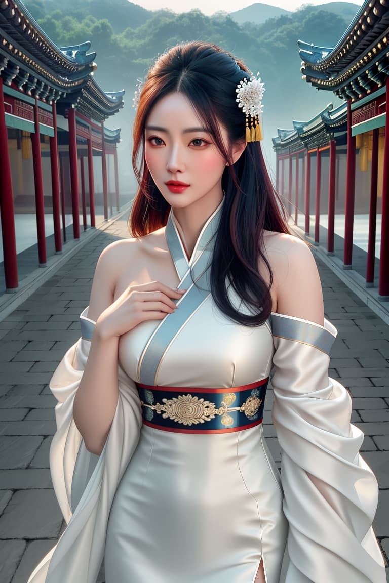  gufeng,bare shoulders,best quality,masterpiece,ultra high res,A beautiful with a Chinese face,solo,elegantly standing on the attic of an ancient Chinese building,looking diagonally at the streets,(medium s:1.1),age,Glossy hair,shiny hair,Hair fs,(full body), on,(:0.7),hanfu,tang style outfits, hyperrealistic, full body, detailed clothing, highly detailed, cinematic lighting, stunningly beautiful, intricate, sharp focus, f/1. 8, 85mm, (centered image composition), (professionally color graded), ((bright soft diffused light)), volumetric fog, trending on instagram, trending on tumblr, HDR 4K, 8K