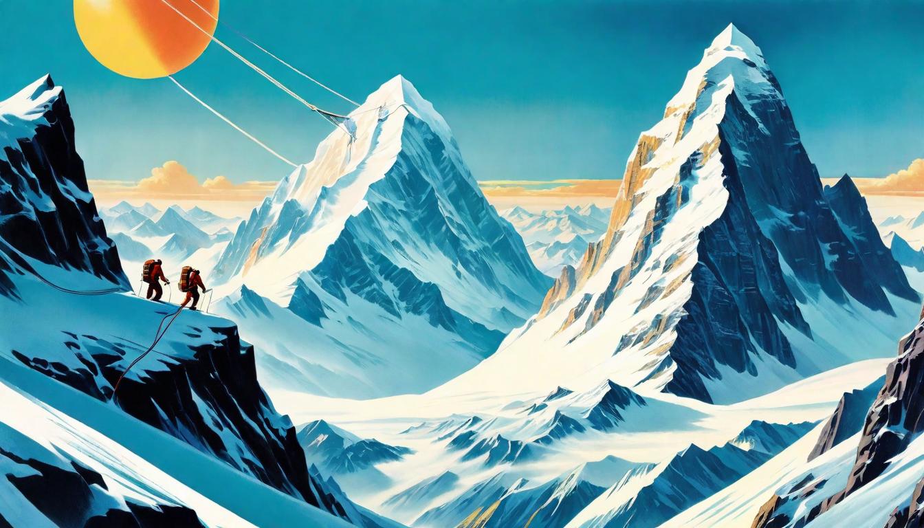  retro futuristic A snow capped peak, with climbers roped together, symbolizing the journey of shared struggles to reach new heights, Climbing, shared triumph, transcendent lvintage sci fi, 50s and 60s style, atomic age, vibrant, highly detailed