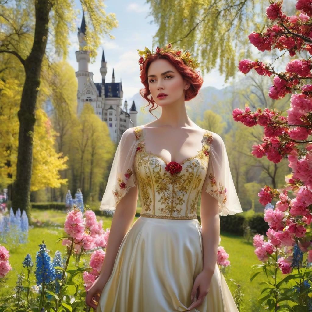  Neuschwanstein. ((Sparkling rim)): spring field, hyacinths, roses, rosehips, rose hips, peonies, cherry tree, yellow, red, black flowers, forget me nots. hyperrealistic, full body, detailed clothing, highly detailed, cinematic lighting, stunningly beautiful, intricate, sharp focus, f/1. 8, 85mm, (centered image composition), (professionally color graded), ((bright soft diffused light)), volumetric fog, trending on instagram, trending on tumblr, HDR 4K, 8K