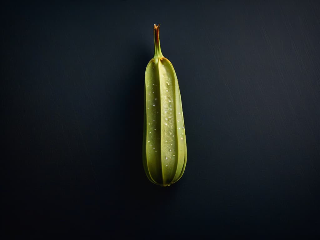  An ultradetailed closeup image of a delicate vanilla bean pod split open to reveal its tiny seeds, set against a stark black background. The intricate patterns and textures of the seeds inside the pod are highlighted, showcasing the natural beauty and aromatic essence of this key ingredient in sweet creations. hyperrealistic, full body, detailed clothing, highly detailed, cinematic lighting, stunningly beautiful, intricate, sharp focus, f/1. 8, 85mm, (centered image composition), (professionally color graded), ((bright soft diffused light)), volumetric fog, trending on instagram, trending on tumblr, HDR 4K, 8K