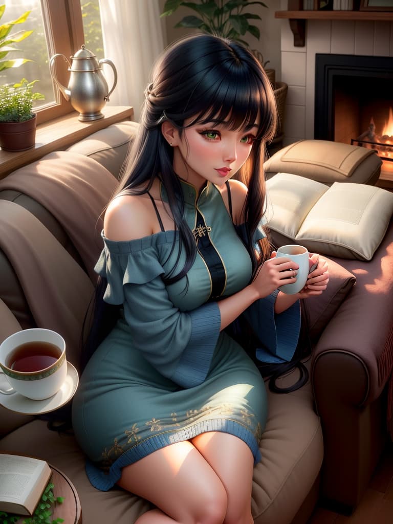  An cute and anime wearing blue china dress, black mid length hair with bangs, bare shoulders, bare arms, exudes feminine charm, greeny eyes with attractive lashes, full subtle mauve lipstick, large s covered by curved fit dress, blush, expression on face Background:cozy living room with a crackling fireplace, plush sofas with throw pillows, warm ambient lighting, wooden bookshelves filled with books, a soft knitted throw blanket on an armchair, family photos on the mantelpiece, a lazy cat sleeping on a window sill, a steaming mug of tea on a side table, indoor plants adding a touch of green, hardwood floors with a area rug, tranquil and inviting atmosphere. Dress: , no jewelry hyperrealistic, full body, detailed clothing, highly detailed, cinematic lighting, stunningly beautiful, intricate, sharp focus, f/1. 8, 85mm, (centered image composition), (professionally color graded), ((bright soft diffused light)), volumetric fog, trending on instagram, trending on tumblr, HDR 4K, 8K