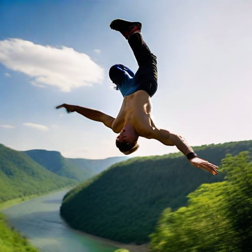  An athletic young man performing a summersault and a backflip over a river in a lush green canyon. The scene captures a moment of thrilling acrobatics, with the man mid-flip, showcasing his muscular p