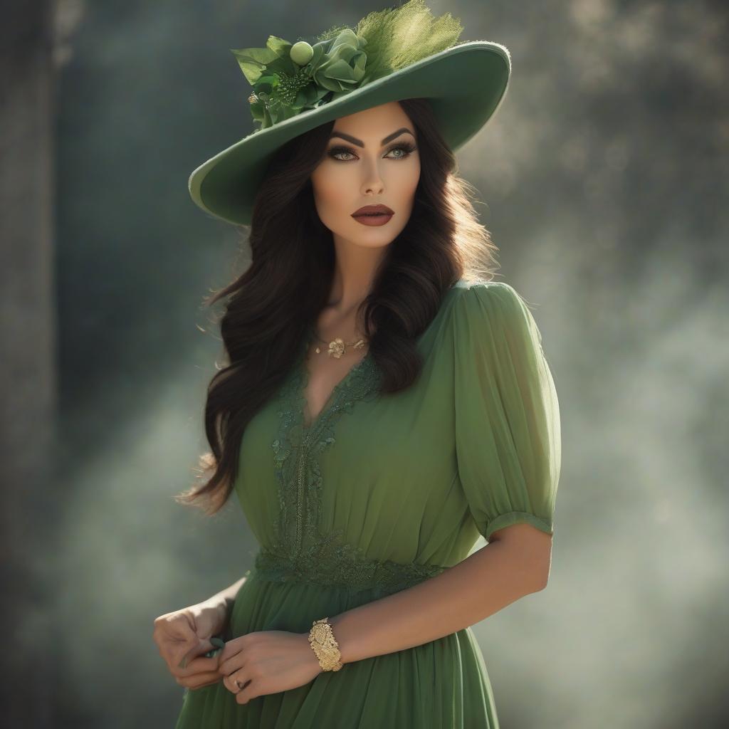  Vintage beauty with dark hair in a green dress and a green hat. hyperrealistic, full body, detailed clothing, highly detailed, cinematic lighting, stunningly beautiful, intricate, sharp focus, f/1. 8, 85mm, (centered image composition), (professionally color graded), ((bright soft diffused light)), volumetric fog, trending on instagram, trending on tumblr, HDR 4K, 8K