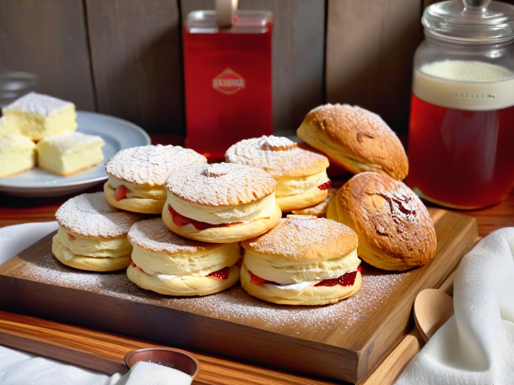  A closeup, ultradetailed image of a freshly baked batch of traditional British scones, perfectly golden brown on the outside, showing off their flaky texture with a light dusting of powdered sugar on top. The scones are arranged elegantly on a rustic wooden serving board, accompanied by a dollop of clotted cream and a jar of strawberry jam, creating a visually appealing and inviting scene for a classic British tea time. hyperrealistic, full body, detailed clothing, highly detailed, cinematic lighting, stunningly beautiful, intricate, sharp focus, f/1. 8, 85mm, (centered image composition), (professionally color graded), ((bright soft diffused light)), volumetric fog, trending on instagram, trending on tumblr, HDR 4K, 8K