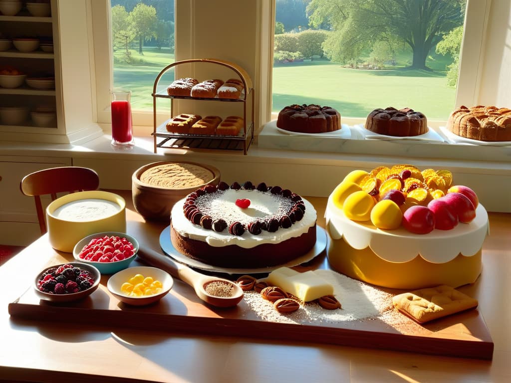  A stunning photorealistic image of a vintage kitchen filled with an array of colorful ingredients and tools for baking, with a focus on a pristine white marble countertop adorned with intricately designed pastries, cakes, and cookies of various shapes and sizes. Sunlight streams in through a nearby window, casting a warm, inviting glow over the scene, highlighting the intricate details of the sugary creations and creating a sense of warmth and nostalgia. hyperrealistic, full body, detailed clothing, highly detailed, cinematic lighting, stunningly beautiful, intricate, sharp focus, f/1. 8, 85mm, (centered image composition), (professionally color graded), ((bright soft diffused light)), volumetric fog, trending on instagram, trending on tumblr, HDR 4K, 8K