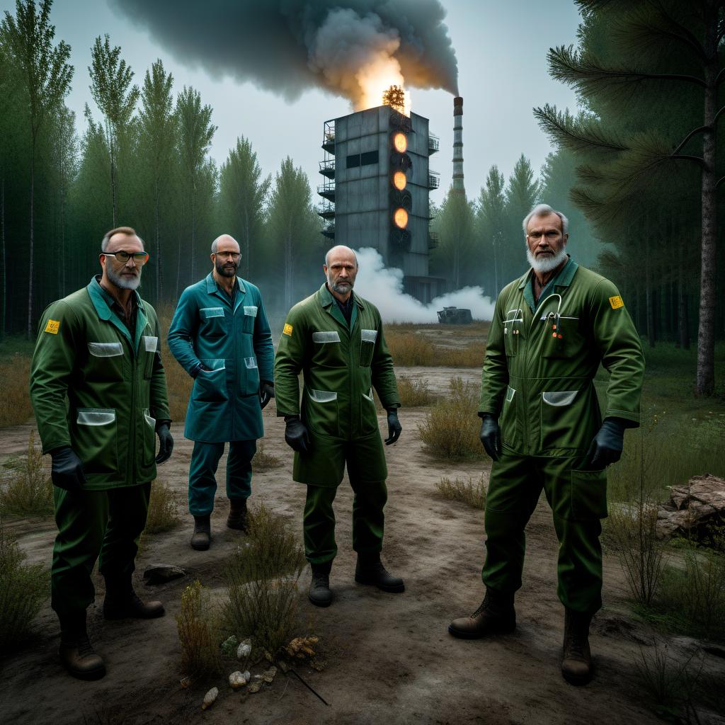  I need a picture of a group of scientists from the game S.T.A.L.K.E.R., Chernobyl Exclusion Zone, artifacts, anomalies. hyperrealistic, full body, detailed clothing, highly detailed, cinematic lighting, stunningly beautiful, intricate, sharp focus, f/1. 8, 85mm, (centered image composition), (professionally color graded), ((bright soft diffused light)), volumetric fog, trending on instagram, trending on tumblr, HDR 4K, 8K