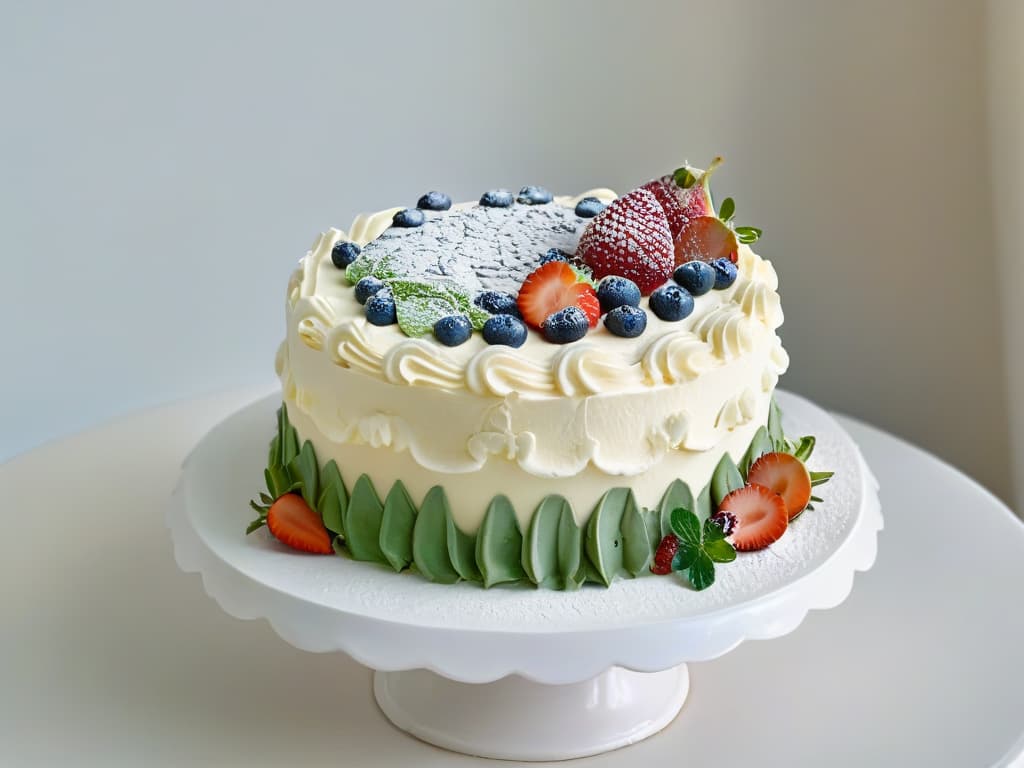  A closeup, highresolution image of a beautifully decorated glutenfree cake, showcasing intricate piping work with vibrant colors and delicate details. The cake sits on a simple, elegant white cake stand, emphasizing the craftsmanship and artistry of glutenfree baking. The background is a soft, neutral tone to highlight the cake's exquisite design, inviting the viewer to appreciate the fine details and skill involved in creating delicious glutenfree pastries. hyperrealistic, full body, detailed clothing, highly detailed, cinematic lighting, stunningly beautiful, intricate, sharp focus, f/1. 8, 85mm, (centered image composition), (professionally color graded), ((bright soft diffused light)), volumetric fog, trending on instagram, trending on tumblr, HDR 4K, 8K