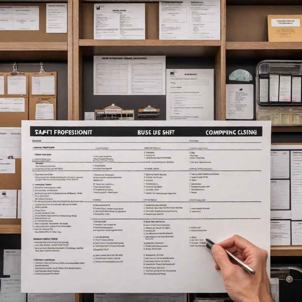  Create a simplified and professional checklist for bus company closing shift tasks. Include checkboxes for each task and ensure the design is clear and easy to use. Tasks to include: 1. Record bus fuel usage 2. Count and secure cash takings 3. Write end-of-day report 4. Prepare daily briefing for head office 5. Remove buses from live tracking 6. Update staff bulletin board 7. Check all equipment is returned and on charge 8. Confirm next day's staff roster 9. Secure building 10. Place cash takings in safe 11. Prepare kiosk supplies for next day There should be a space for notes and a section for the supervisor's signature and date at the bottom of the checklist. hyperrealistic, full body, detailed clothing, highly detailed, cinematic lighting, stunningly beautiful, intricate, sharp focus, f/1. 8, 85mm, (centered image composition), (professionally color graded), ((bright soft diffused light)), volumetric fog, trending on instagram, trending on tumblr, HDR 4K, 8K