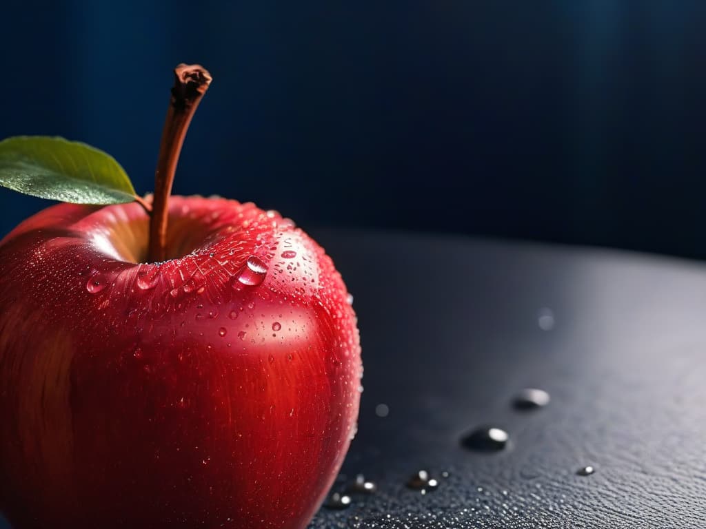  A closeup ultradetailed image of a glossy, ripe red apple with water droplets delicately resting on its smooth skin, highlighting its natural beauty and freshness. hyperrealistic, full body, detailed clothing, highly detailed, cinematic lighting, stunningly beautiful, intricate, sharp focus, f/1. 8, 85mm, (centered image composition), (professionally color graded), ((bright soft diffused light)), volumetric fog, trending on instagram, trending on tumblr, HDR 4K, 8K