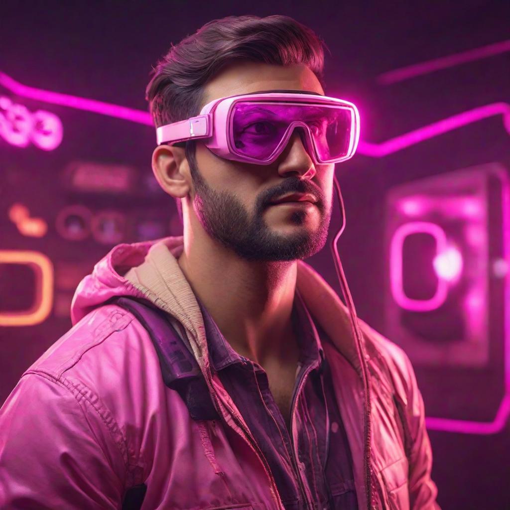  gamer man in ar glasses, retro style, neon pink and beige colors, happy, amazed, in action, cute, hyper detail, full HD hyperrealistic, full body, detailed clothing, highly detailed, cinematic lighting, stunningly beautiful, intricate, sharp focus, f/1. 8, 85mm, (centered image composition), (professionally color graded), ((bright soft diffused light)), volumetric fog, trending on instagram, trending on tumblr, HDR 4K, 8K