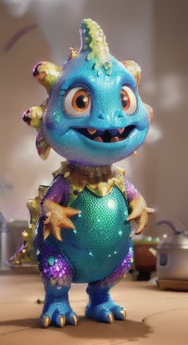  {A sparkly dinosaur with glittery scales standing next to a big pot of steaming jollof rice., Shiny Dino has glittery, multicolored scales that sparkle in the sunlight. It has big, friendly eyes and a happy, wide smile, with small arms perfect for stirring pots. Shiny Dino wears a playful, polka dotted apron and a tiny chef's hat.