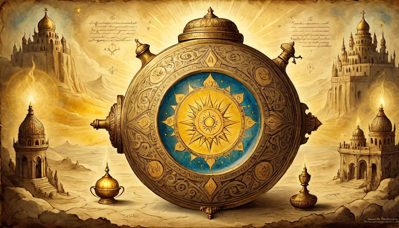  on parchment, surrealism+++, Radiant anointing oil container, surrounded by golden aura, intricate engravings, sacred, luminous vessel(mysterious, provocative, symbolic,muted color)+++